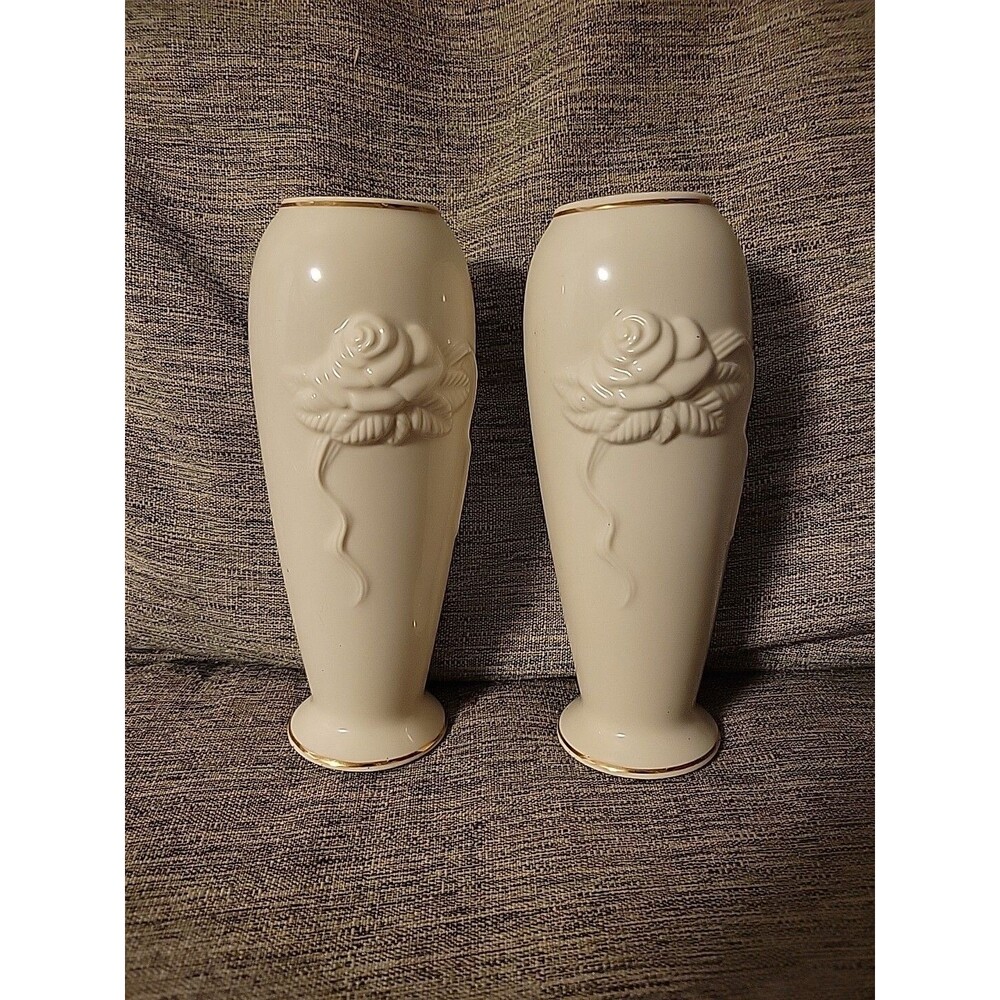 Lot of 2 Lenox Rose Blossom Vase 24K Gold Trim 7.5" Vtg Ivory Cream